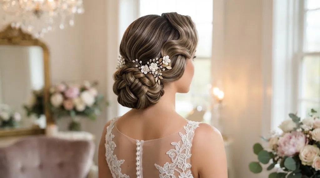 Stunning long hairstyle for a wedding featuring soft Hollywood glam waves and a low chignon for formal events