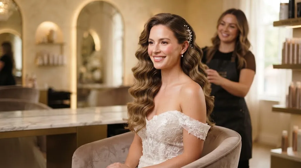 A woman showcasing elegant cascading waves and a professional function hairstyle suitable for weddings and special occasions.