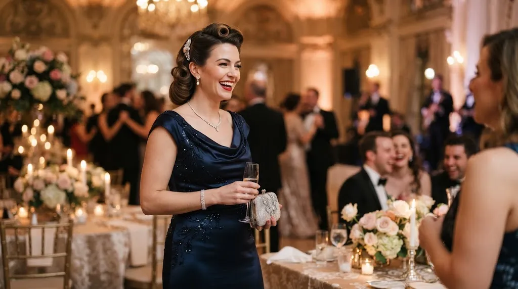 A beautiful woman showcasing a classic vintage hairstyle styled perfectly for a formal wedding and party wear.