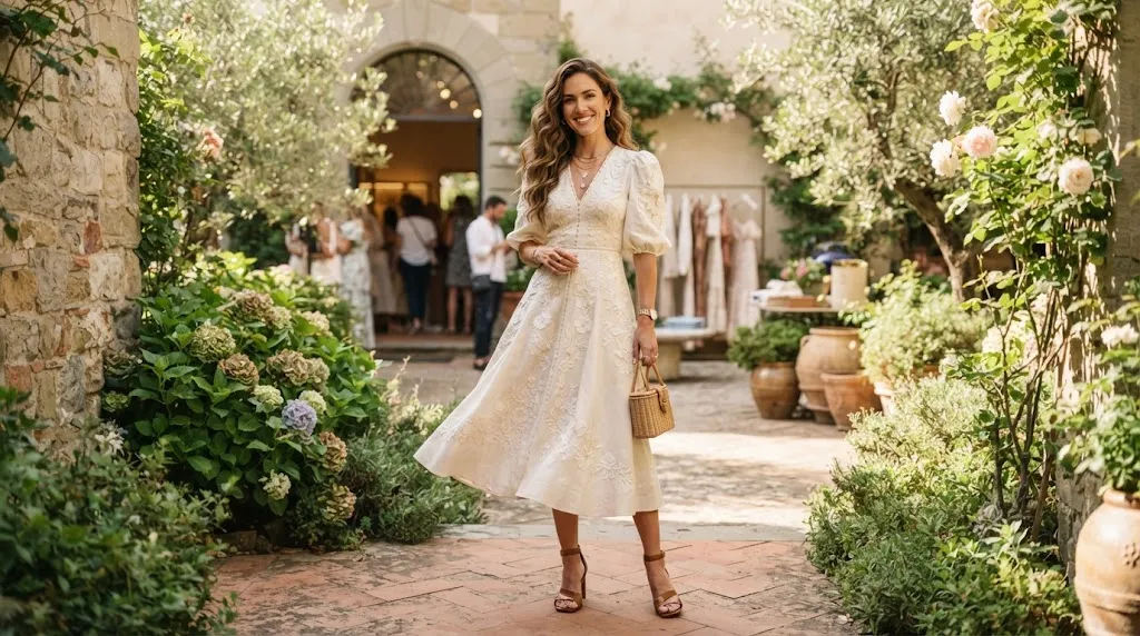 An elegant woman wearing a stylish frock paired with gorgeous soft cascading waves hairstyle
