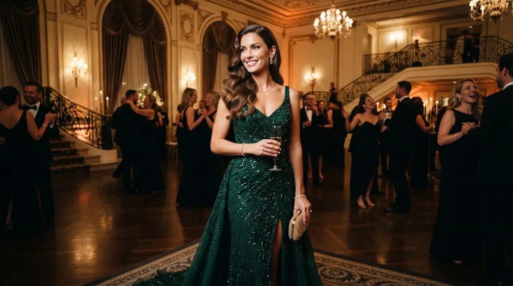 A sophisticated woman with glossy Hollywood waves open hairstyle wearing an elegant evening gown in a luxurious setting.