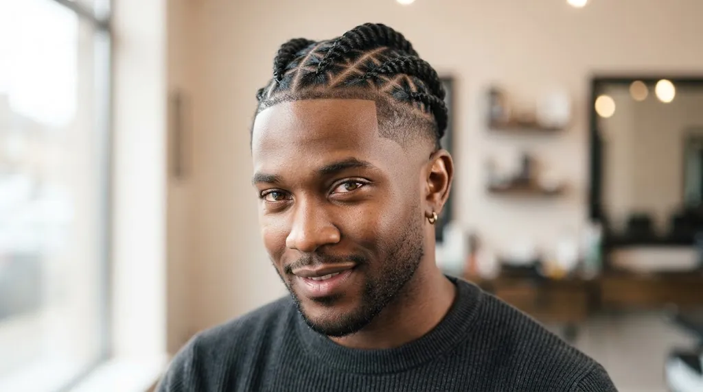 A Black man showcasing clean elevated box twists with precise diagonal parting patterns and a fresh fade