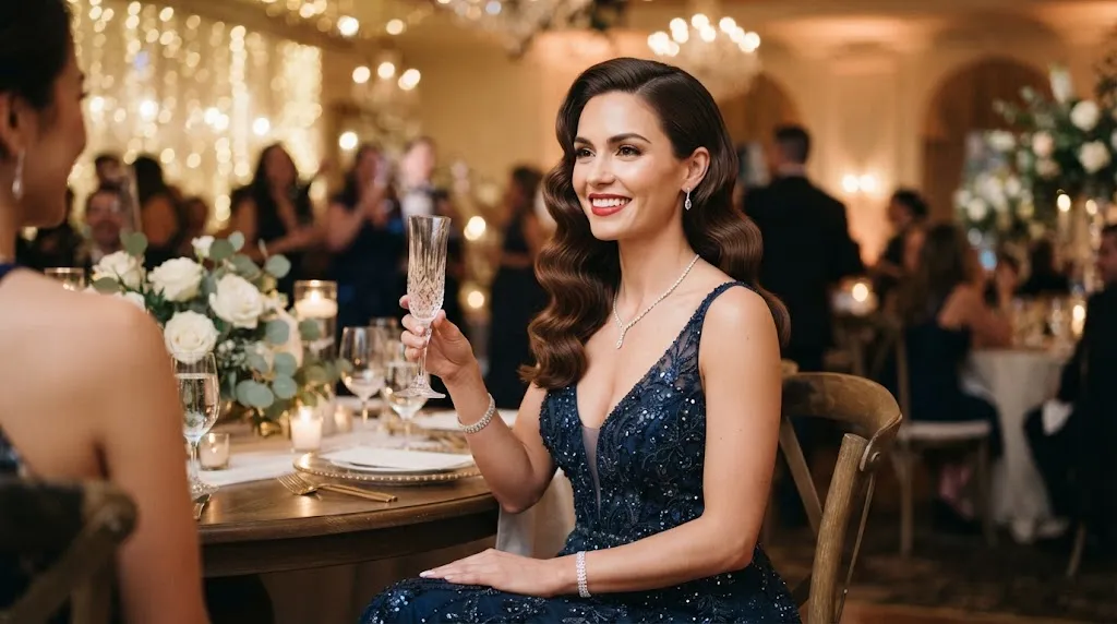 Elegant woman with smooth vintage Hollywood waves swept over one shoulder for an engagement party