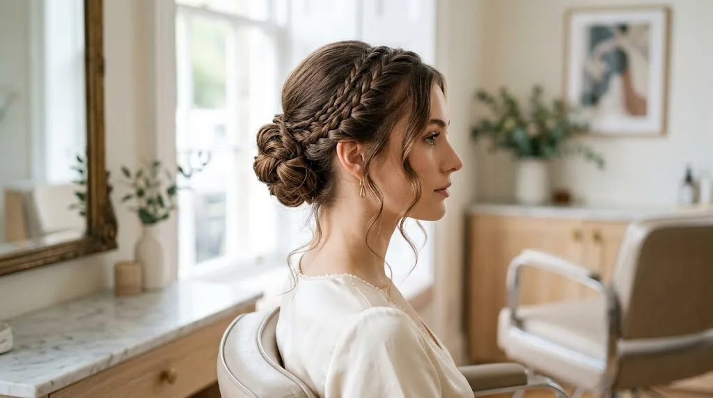 Detailed side view of an elegant English braids and Regency updo hairstyle with soft face-framing tendrils.
