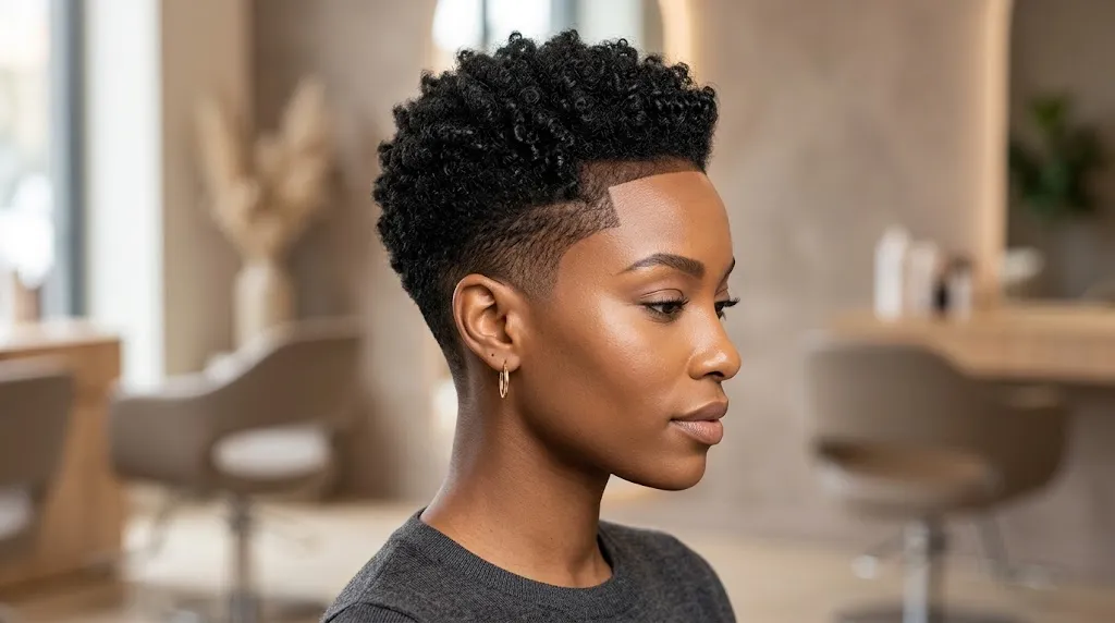 A side profile of a modern English Crop haircut adapted for textured black hair with tapered sides and soft crown layering in high definition.