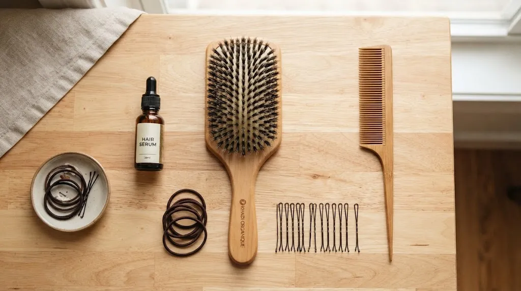 Flat lay of essential Indian hair styling tools including a wooden brush, comb, elastics, and bobby pins