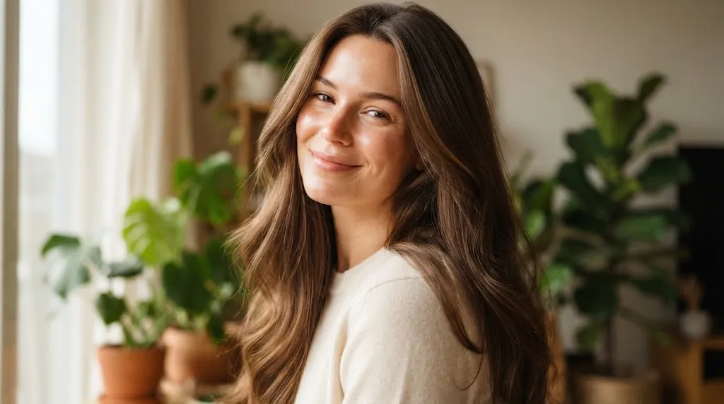 Close-up of a woman with smooth, healthy open hair showcasing daily maintenance and frizz-control tips