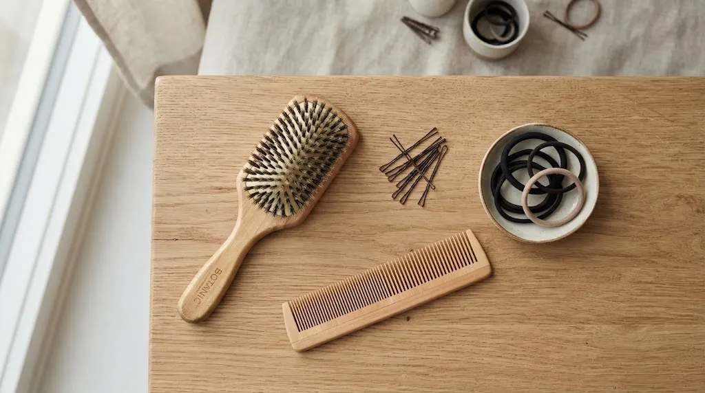 Flat lay of essential hair styling tools including a wooden brush, bobby pins, elastics, and a comb for creating simple Indian hairstyles.
