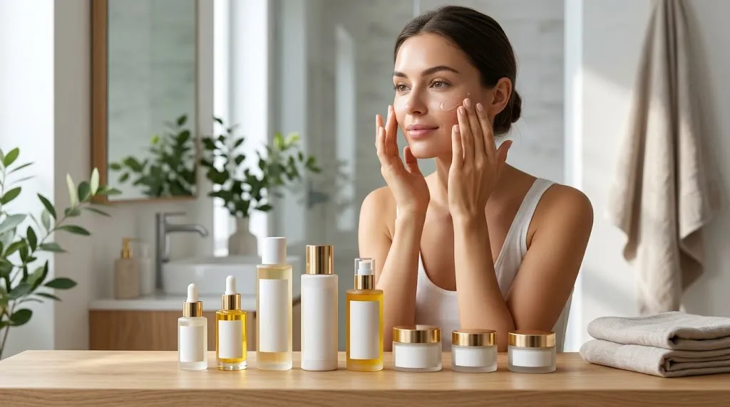 A woman applying skincare cream surrounded by a variety of essential beauty products like oils, serums, and lotions, symbolizing a healthy skincare routine.