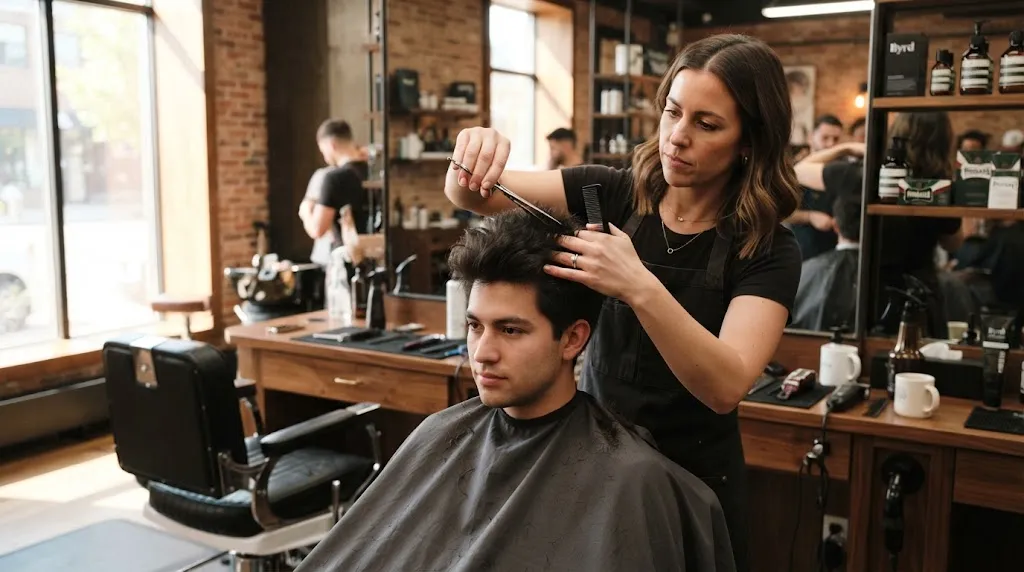 Professional barber using scissors to establish the right weight lines and maintain crown length for men's wavy hair