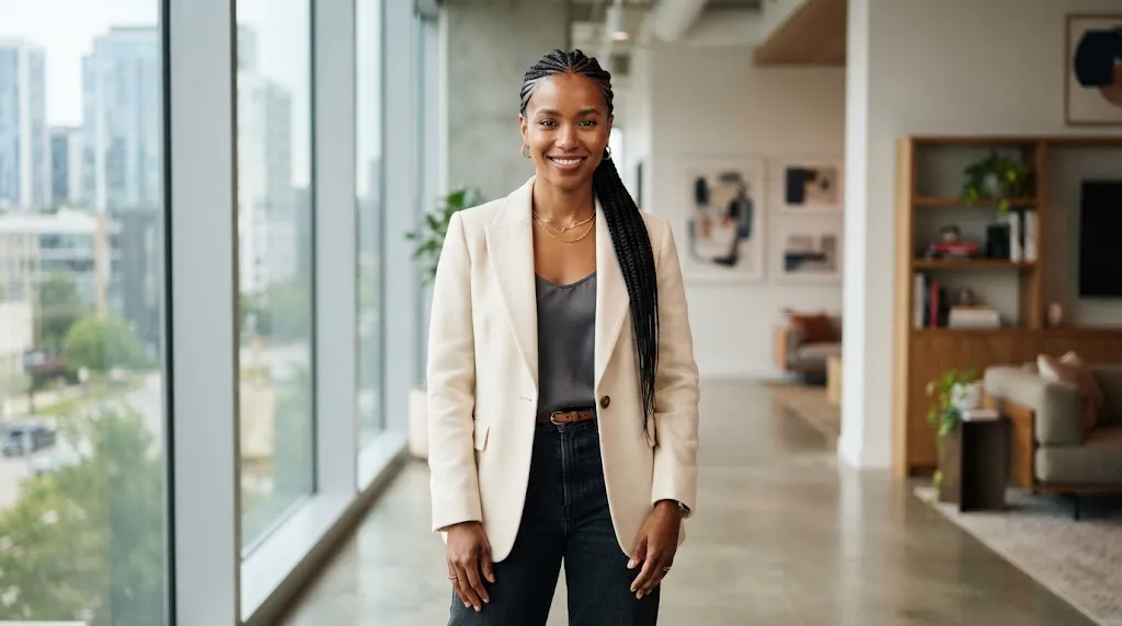 Professional rear view of a woman wearing an everyday elegant sleek braided wrap ponytail hairstyle in a bright, modern setting