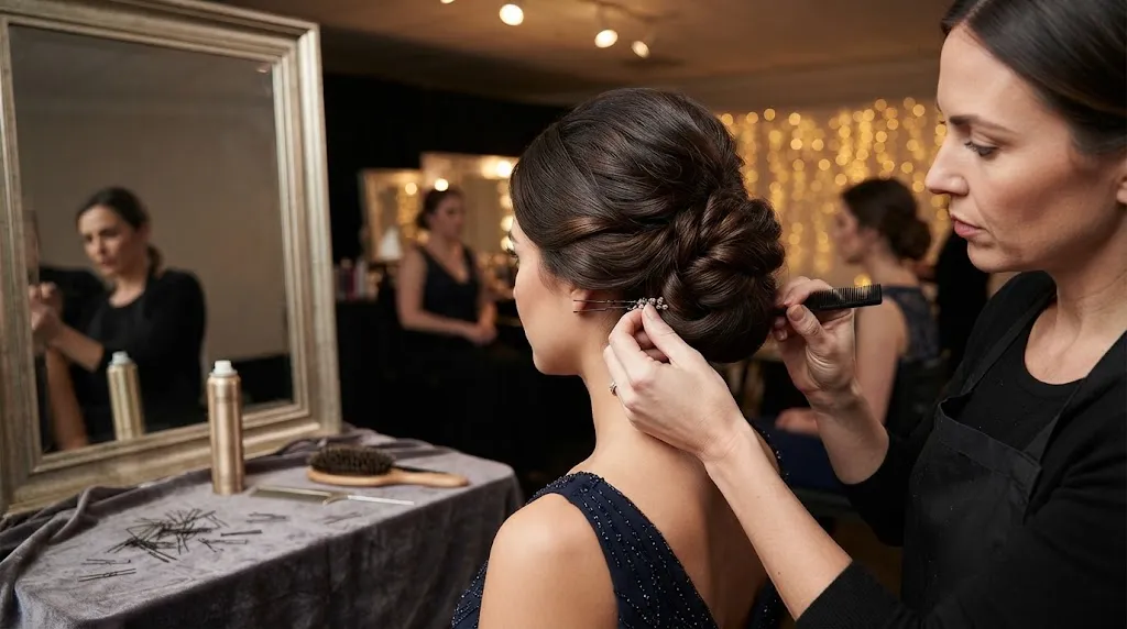 A professional hairstylist meticulously secures a voluminous, twisted chignon updo on a model wearing a navy evening gown, using a decorative hairpin and comb in a softly lit salon environment.