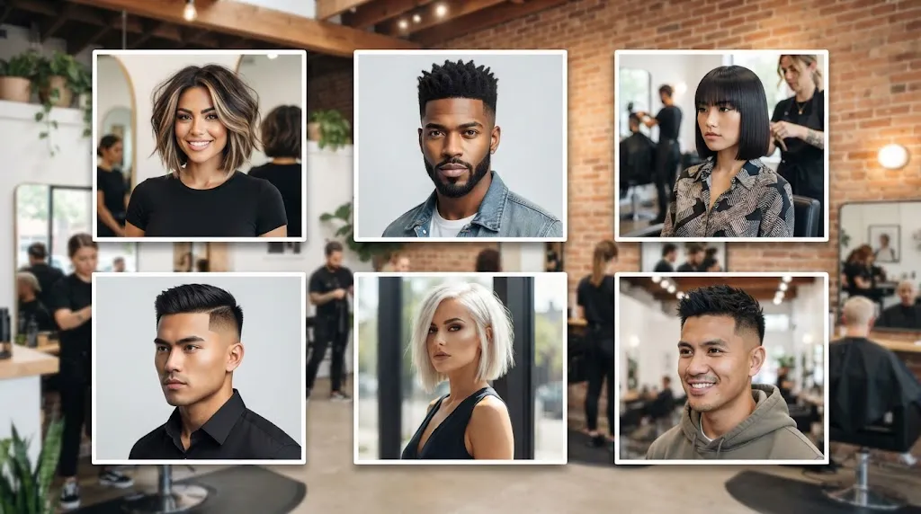 A professional hair salon showcase featuring diverse box cut hairstyles with clean perimeters and structured shapes for women and men.