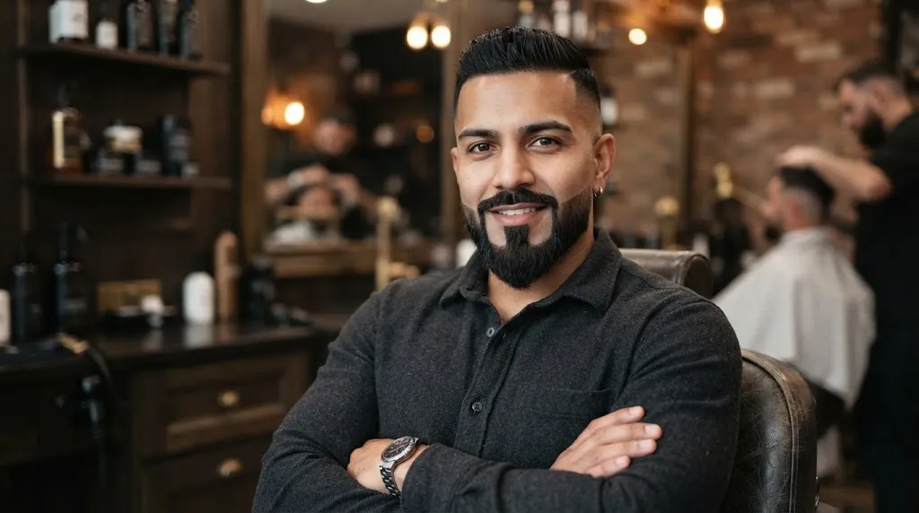 Man with a well-groomed extended goatee and anchor beard styling to elongate a round face