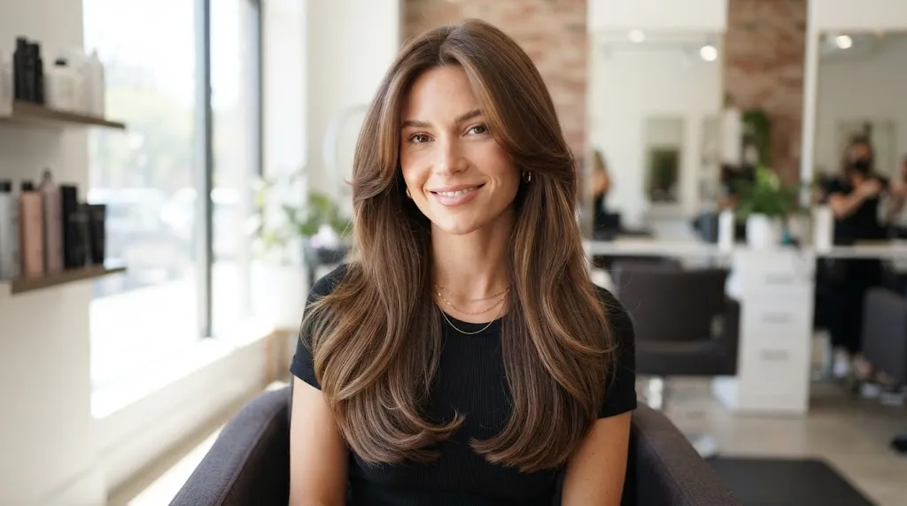 Long hair with soft face-framing C-style layers curving inward around the jawline and cheeks