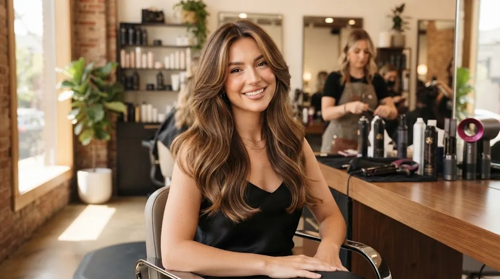 Beautiful woman with long hair featuring soft face-framing layers in a salon setting