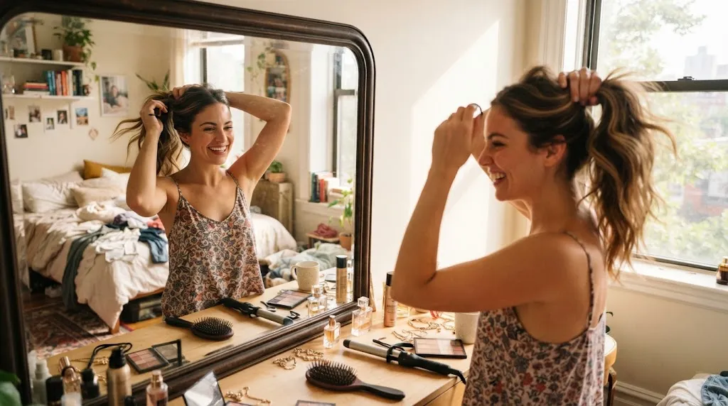 A young woman quickly styling her long hair in a bright mirror during a busy morning routine