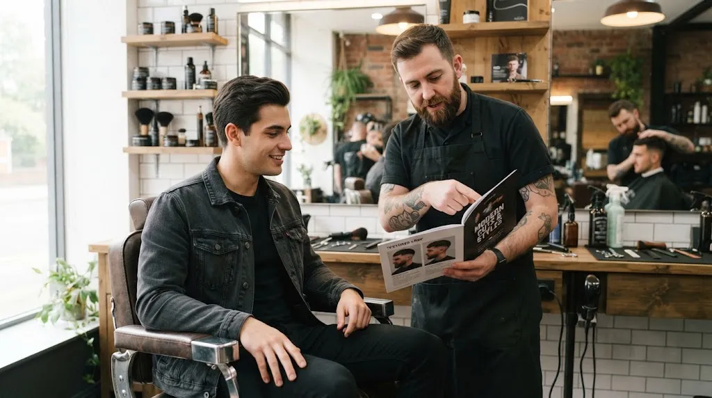 A man having a consultation with his barber in a modern barbershop using a reference photo for his haircut