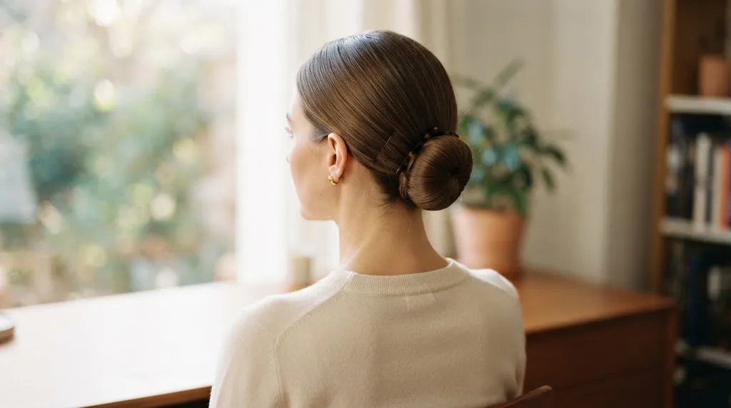 A close-up view of a woman with fine hair wearing a flat low bun hairstyle in natural lighting