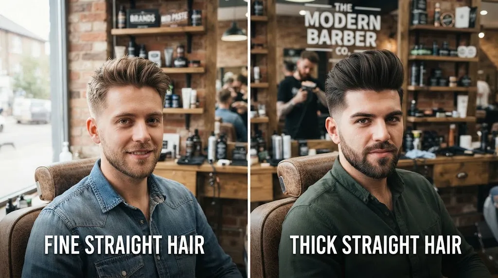 Fine vs thick straight hair comparison for men showing volume and texture differences in a barbershop