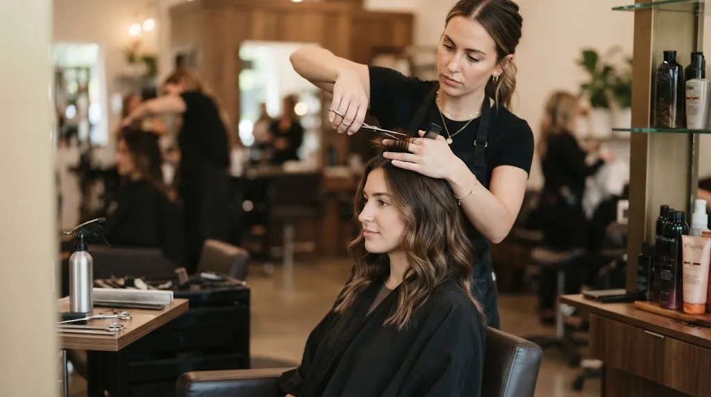 Professional hairstylist carefully trimming and correcting an uneven haircut and botched layers in a bright modern salon.
