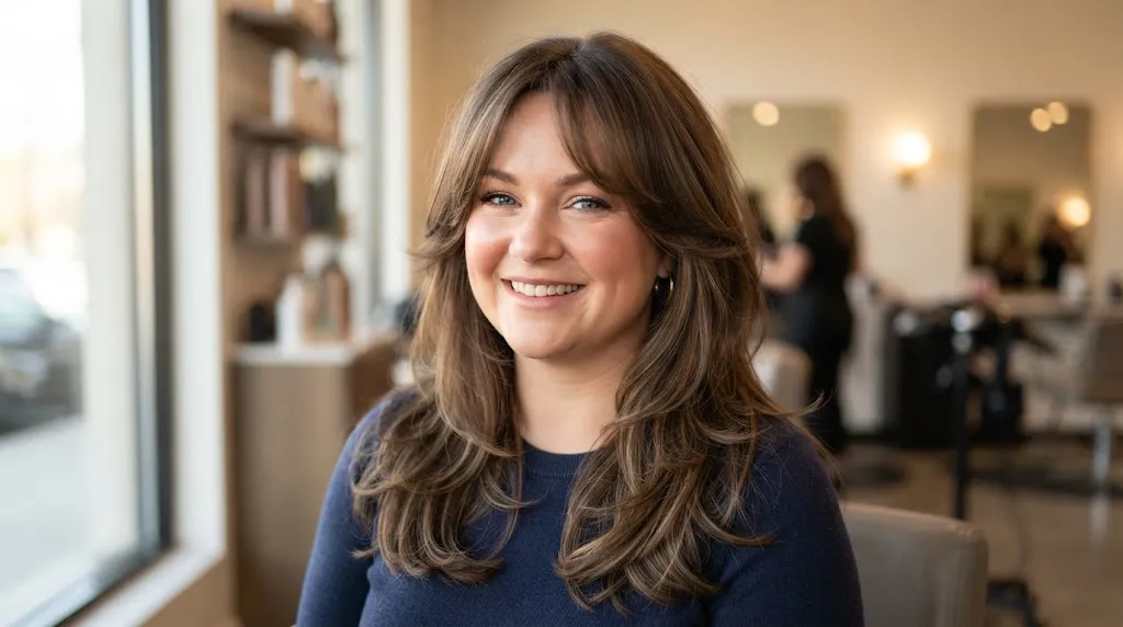 A beautiful woman with a chubby face showcasing a flattering long layered haircut with soft piece-y textured ends framing her cheeks