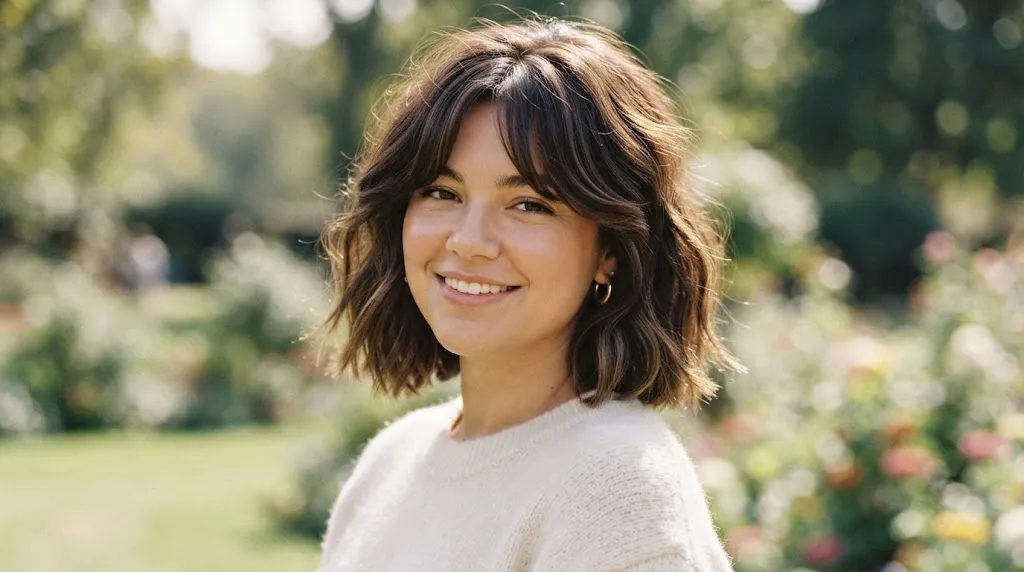 A smiling woman with a round face shape wearing a flattering, textured shoulder-length bob haircut with subtle waves and side-swept bangs in a sunlit garden.