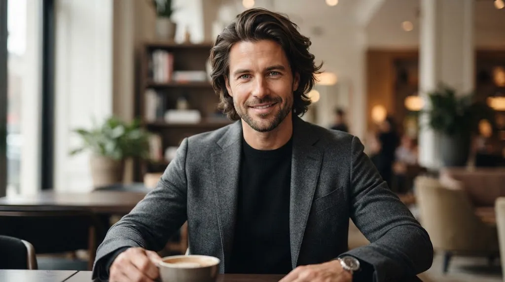 Man with medium-length straight flow haircut showing natural swept-back movement and layered texture