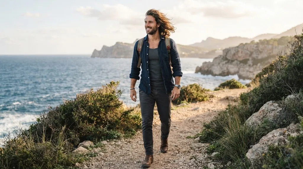 A stylish man with thick medium-length wavy hair styled in a natural swept-back flow haircut outdoors.