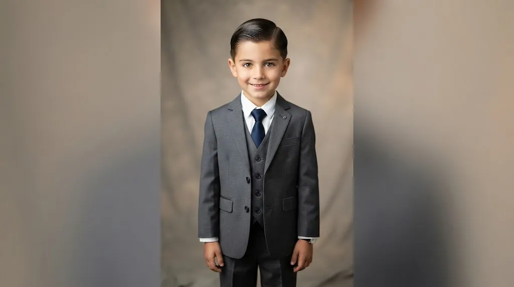 Young boy in formal suit with a neat, polished classic side part haircut for weddings and special functions