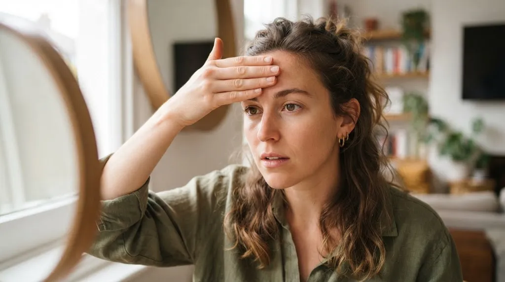 Person measuring facial proportions with fingers above eyebrows to check forehead width and height