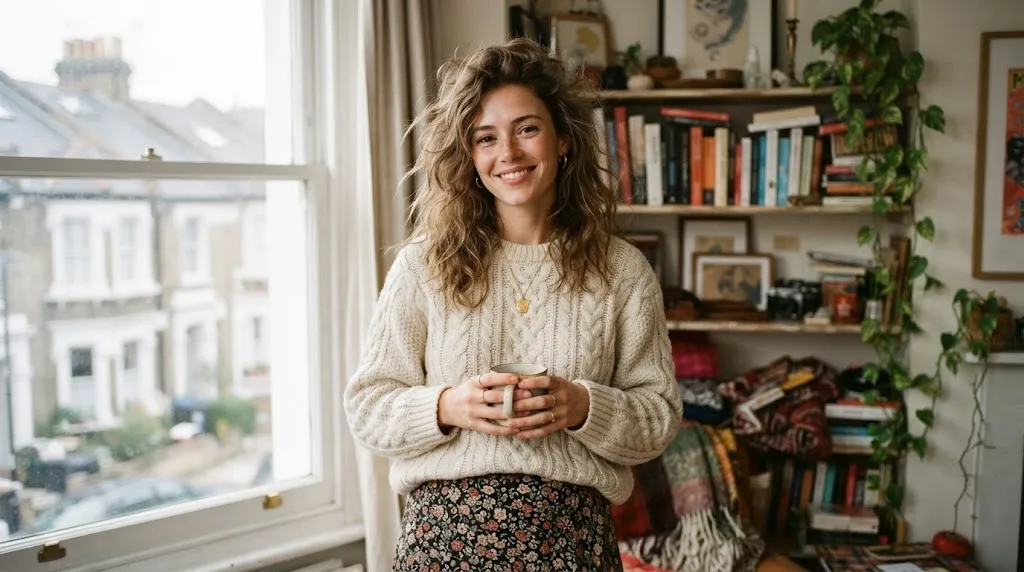A stylish woman showcasing the effortless, tousled Frazzled English Woman hair aesthetic with natural waves in a cozy London setting.