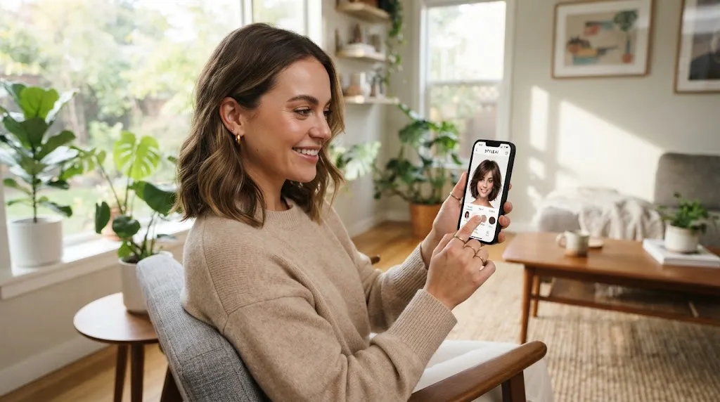 A person using a free hairstyle trial app on a smartphone to test different haircuts