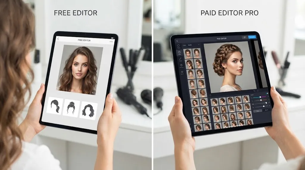 Comparison of free and paid hairstyle editing apps showing different features and preview quality on tablets.