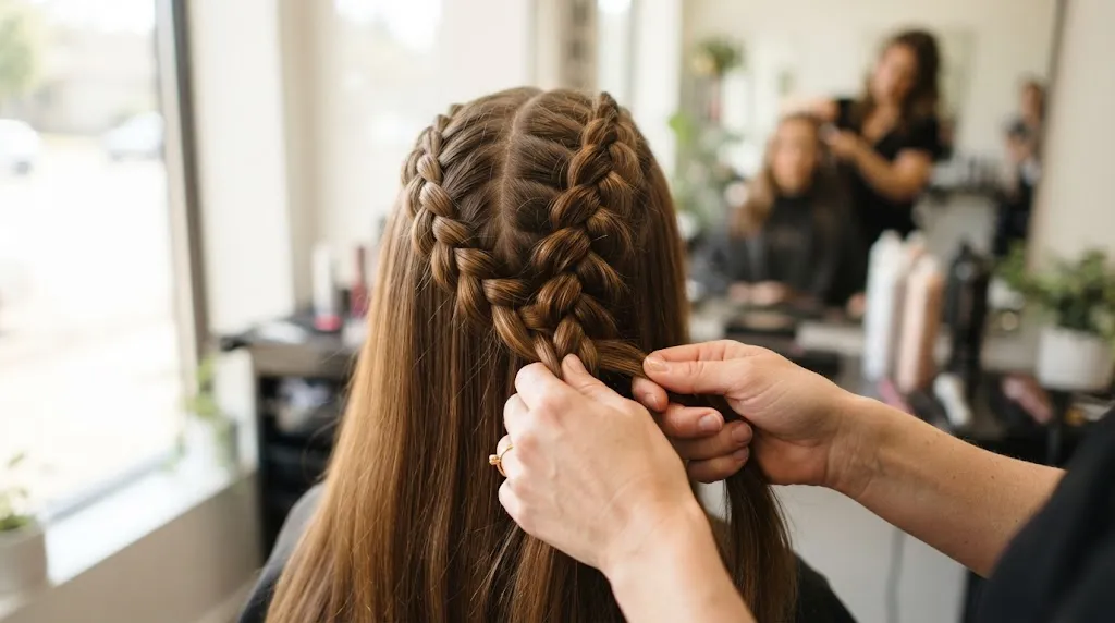 Close-up view of hands styling a beautiful French braid and Dutch braid on long glossy hair for a step-by-step tutorial