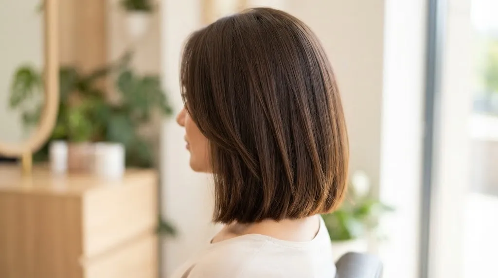 A close-up rear view of a woman with a healthy, precise blunt bob haircut resting at her shoulders, illustrating the result of a fresh salon trim.