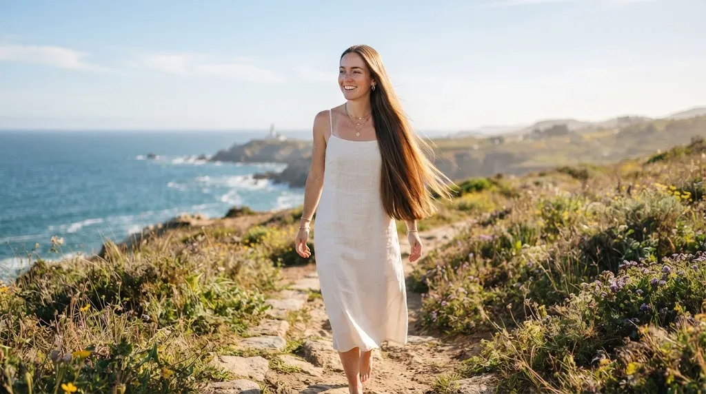 A person with smooth, healthy, and frizz-free long hair outdoors during a warm and humid day