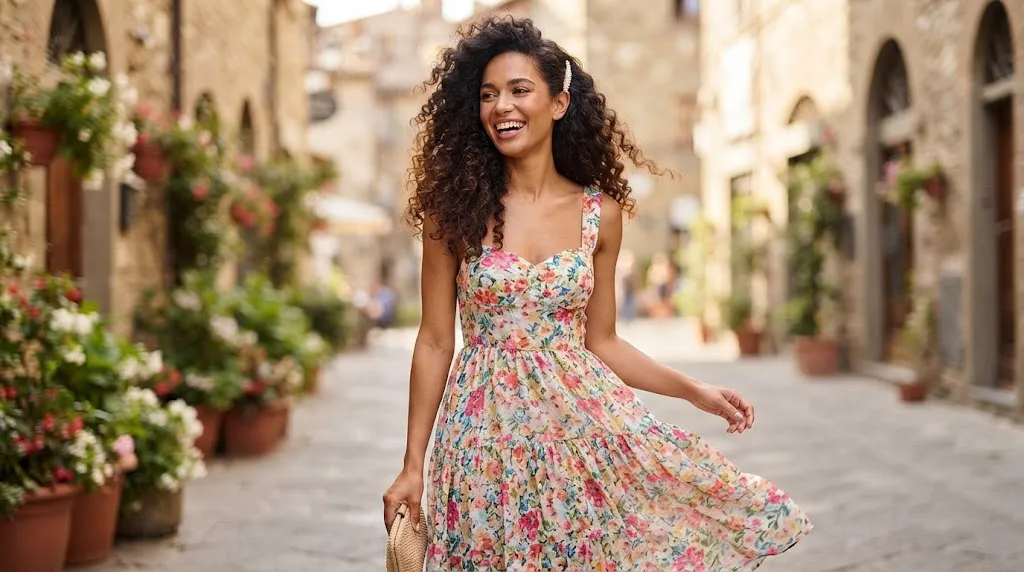 A smiling woman with voluminous, healthy natural curly hair wearing a floral sweetheart neckline frock, walking on a cobblestone street in a charming European town.