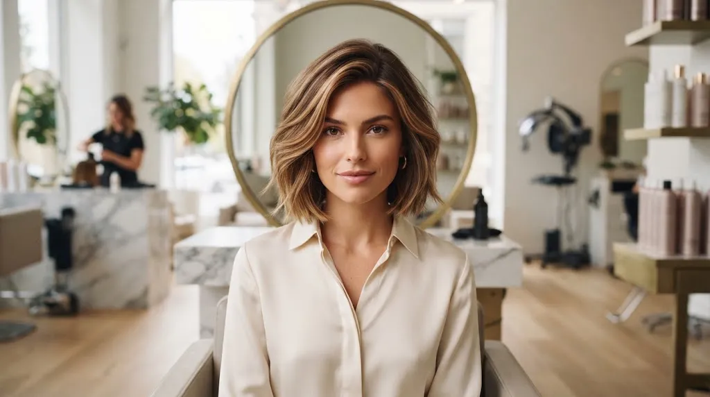 Front view of a stylish modern haircut showing detailed face-framing layers and professional salon styling
