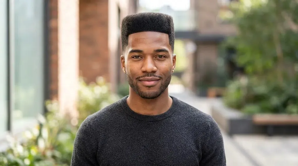 Front view of a person showcasing a clean, structured box cut hairstyle with defined facial framing