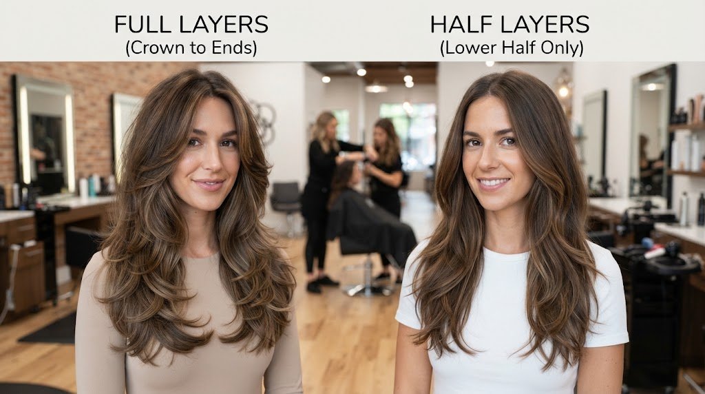 Side-by-side comparison of full layers distributed from crown to ends versus half layers on a hair model in a professional salon