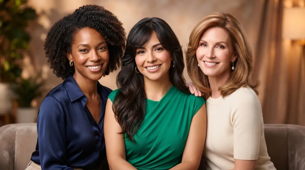 Diverse women with round, oval, and long face shapes showcasing flattering function hairstyles with professional styling.