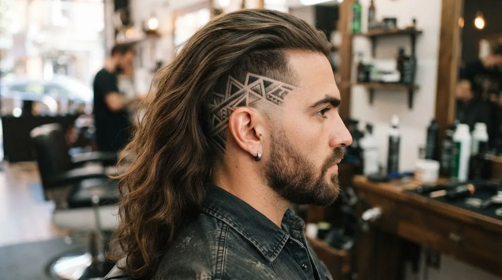 A stylish man with long hair and a clean geometric pattern shaved into the side fade behind his ear