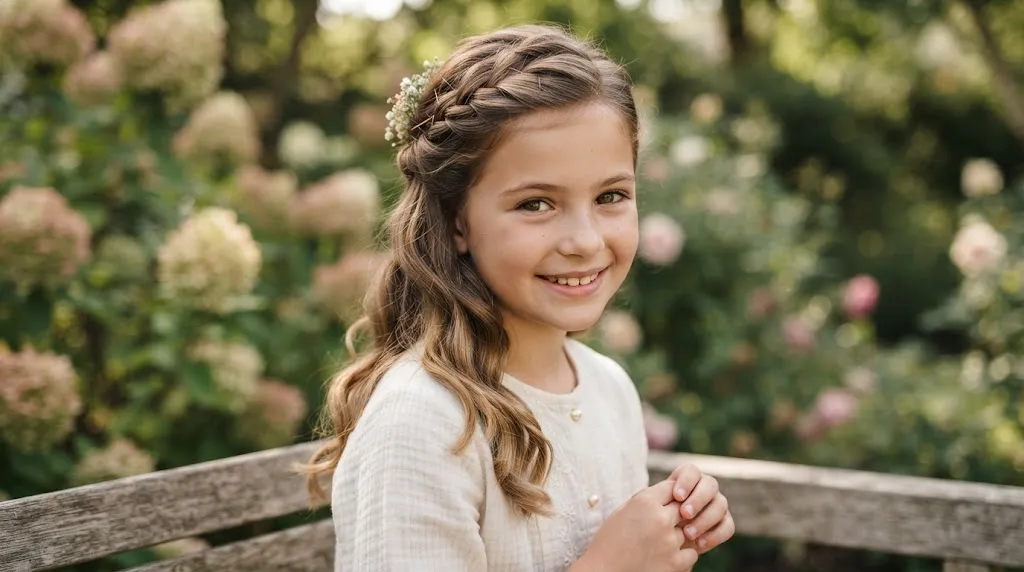 A young girl with a clean, beautiful side-twist half-up hairstyle adorned with gentle natural lighting.
