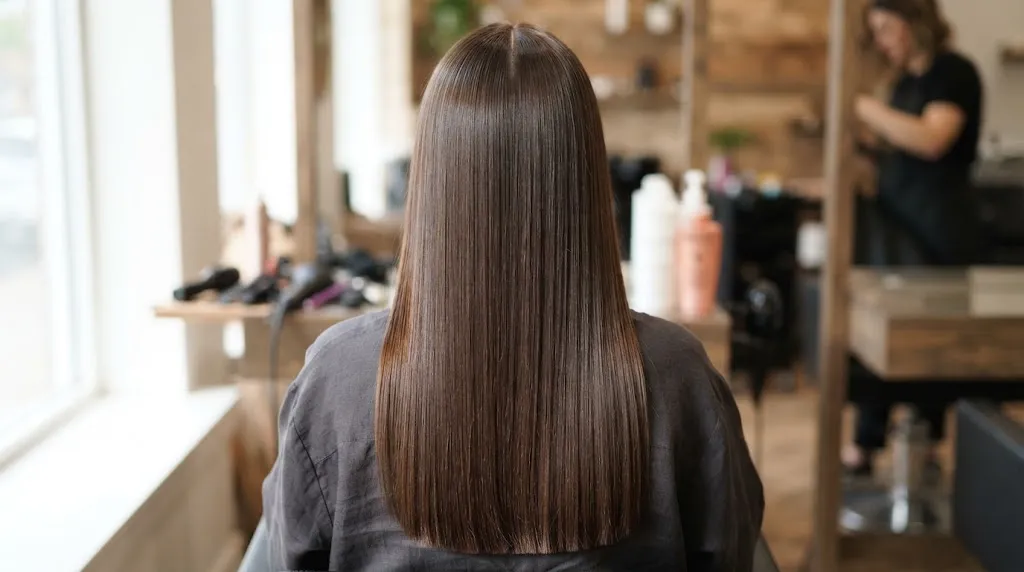 Close-up view of long, ultra-shiny glass-like sleek straight hair with a clean center part and polished ends.