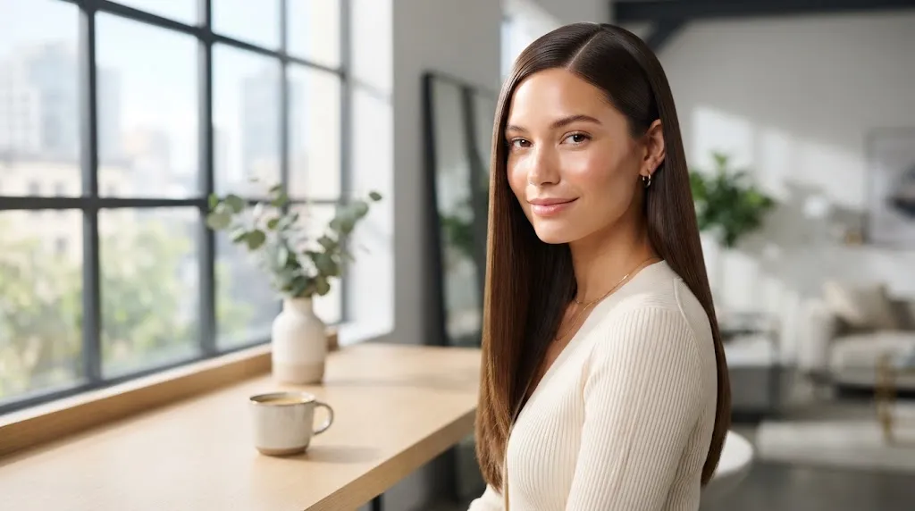 Young woman with sleek, glossy, bone-straight hair and clean geometry showcasing a healthy and polished haircut style