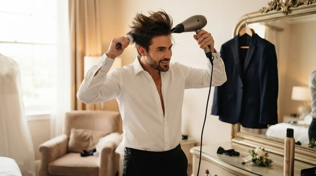 A stylish groom in his wedding attire blow-drying his hair with a round brush in a mirror reflection.