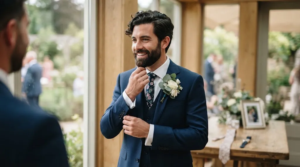 A handsome groom in a navy blue wedding suit carefully checking his matching hairstyle and well-groomed beard on his wedding day.