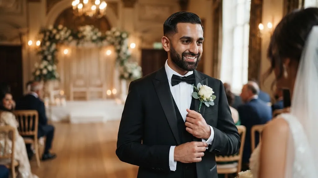 A smiling South Asian groom in a black tuxedo with a boutonni&egrave;re, showcasing a classic side part haircut during a traditional wedding ceremony.