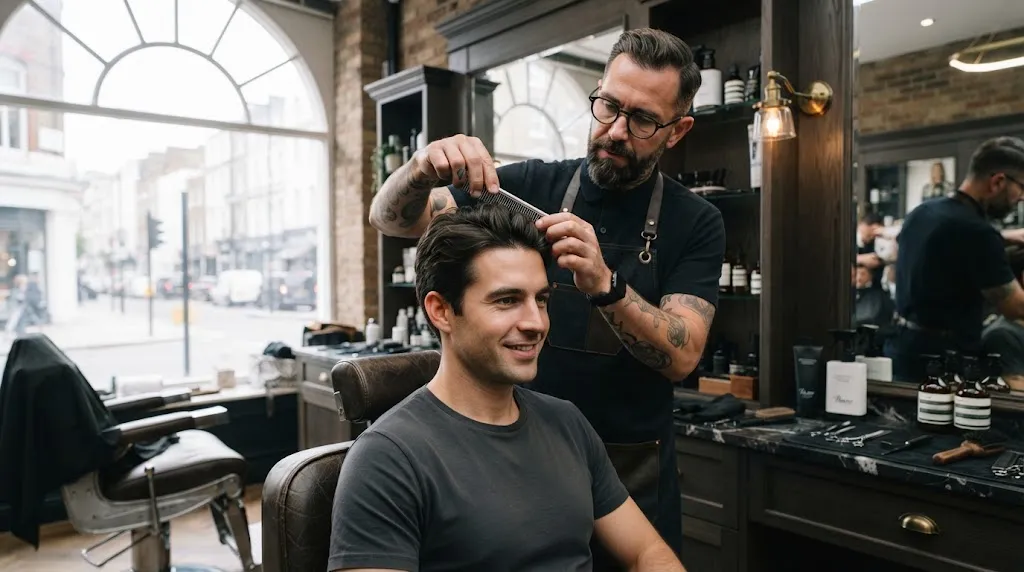 Professional barber inspecting healthy hair condition for a groom before his wedding day